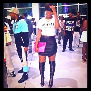 Black strappy thigh high boots